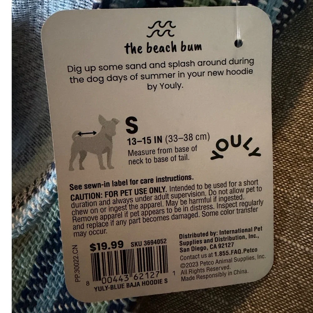 Youly Beach Bum Blue Baja Hoodie Pet Dog Sweater Small 13-15in Striped Poncho